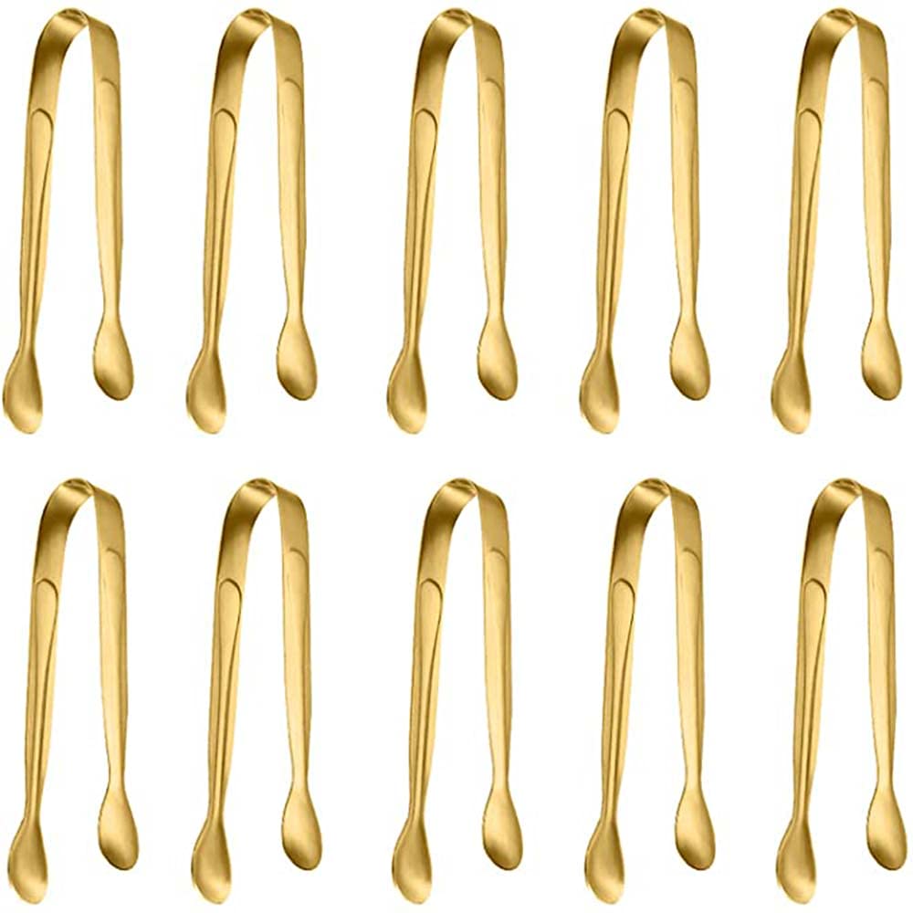 KASTWAVE 10-Piece Stainless Steel Food Tongs Set - Rock Candy, Mini Serving, Ice Cube, Small Square Tea Party Coffee Bar Kitchen Tongs (Golden)