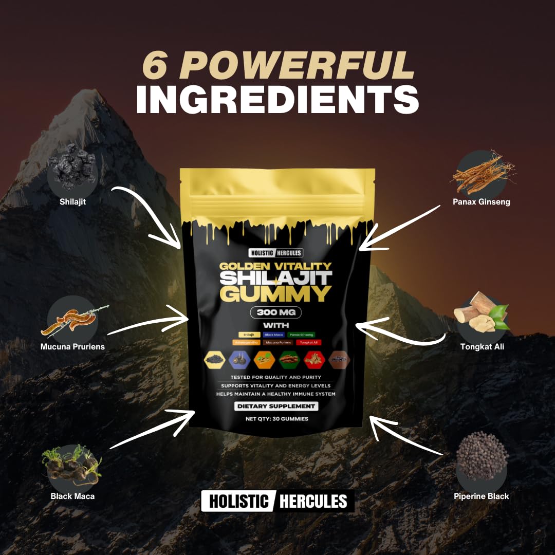Holistic Hercules Himalayan Gold Shilajit Gummies with Ashwagandha Black Maca Tongkat Ali Panax Ginseng Mucuna | 100% Natural Organic | Vegan Non-GMO Sugar-Free (30) - Medaid International