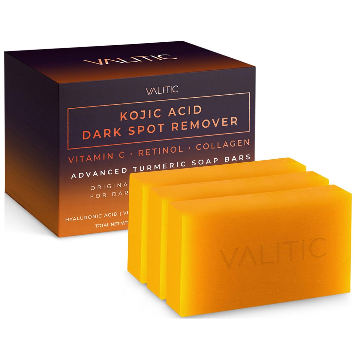 VALITIC Kojic Acid Dark Spot Remover Soap Bars with Vitamin C, Retinol, Collagen, Turmeric - Original Japanese Complex Infused with Hyaluronic Acid, Vitamin E, Shea Butter, Castile Olive Oil (3 Pack) - Medaid International