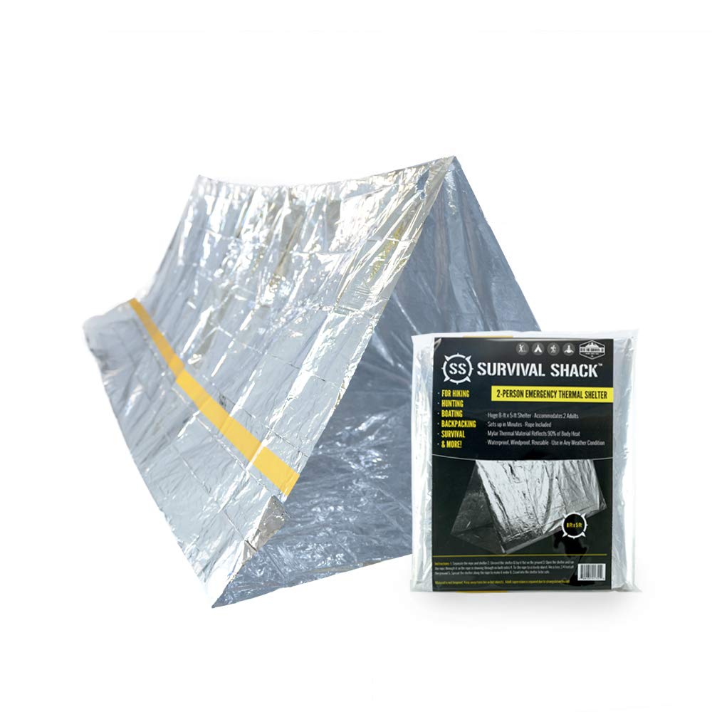 SharpSurvival Shack Emergency Survival Shelter Tent - 2 Person Mylar Tube Tent - Lightweight 8' x 5' All Weather Waterproof Shelter Conserves Heat - Reflective Tents for Camping/Hiking and More