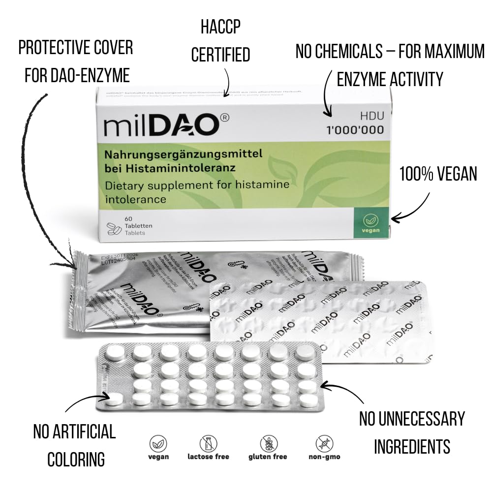 milDAO® – 30 Vegan Tablets | DAO Enzyme Supplement for Histamine Intolerance | 1,000,000 HDU per Tablet | with Catalase | Lyophilized | Foil Pouch with Silica Gel for Maximum Stability - Medaid International