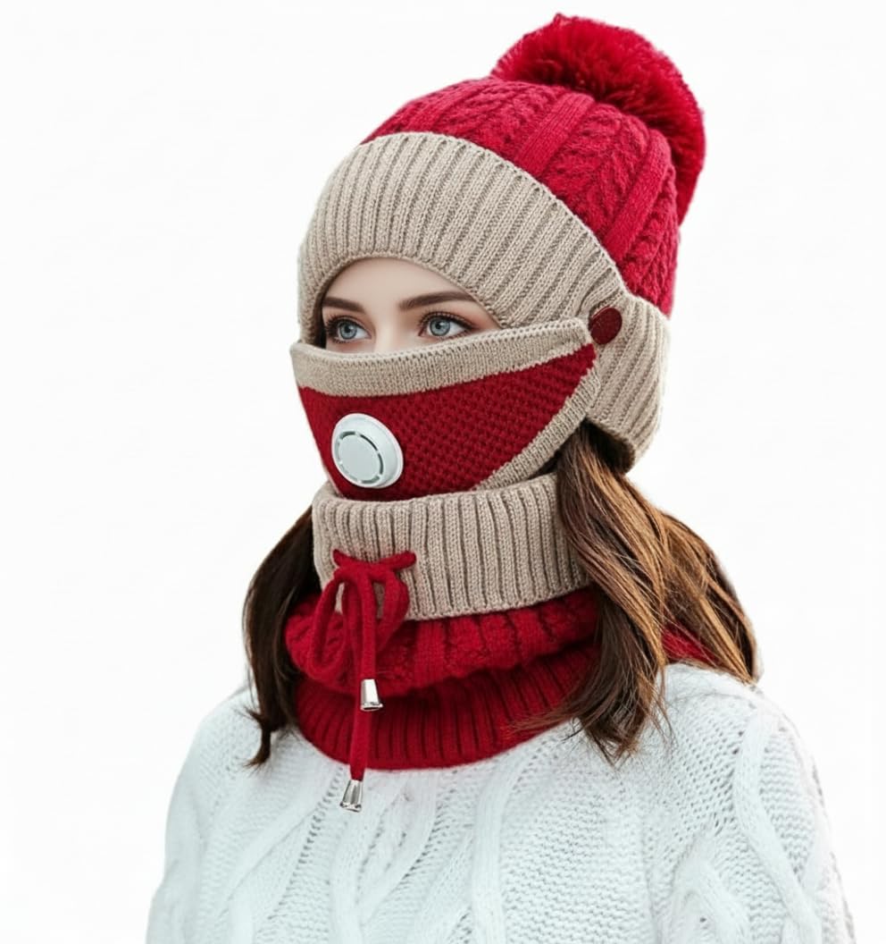 KASTWAVE 3PCS Winter Warm Hat Scarf Gloves Set, Beanie Warm Cotton Scarves, Winter Beanie Hat Scarf Gloves Set For Women Men