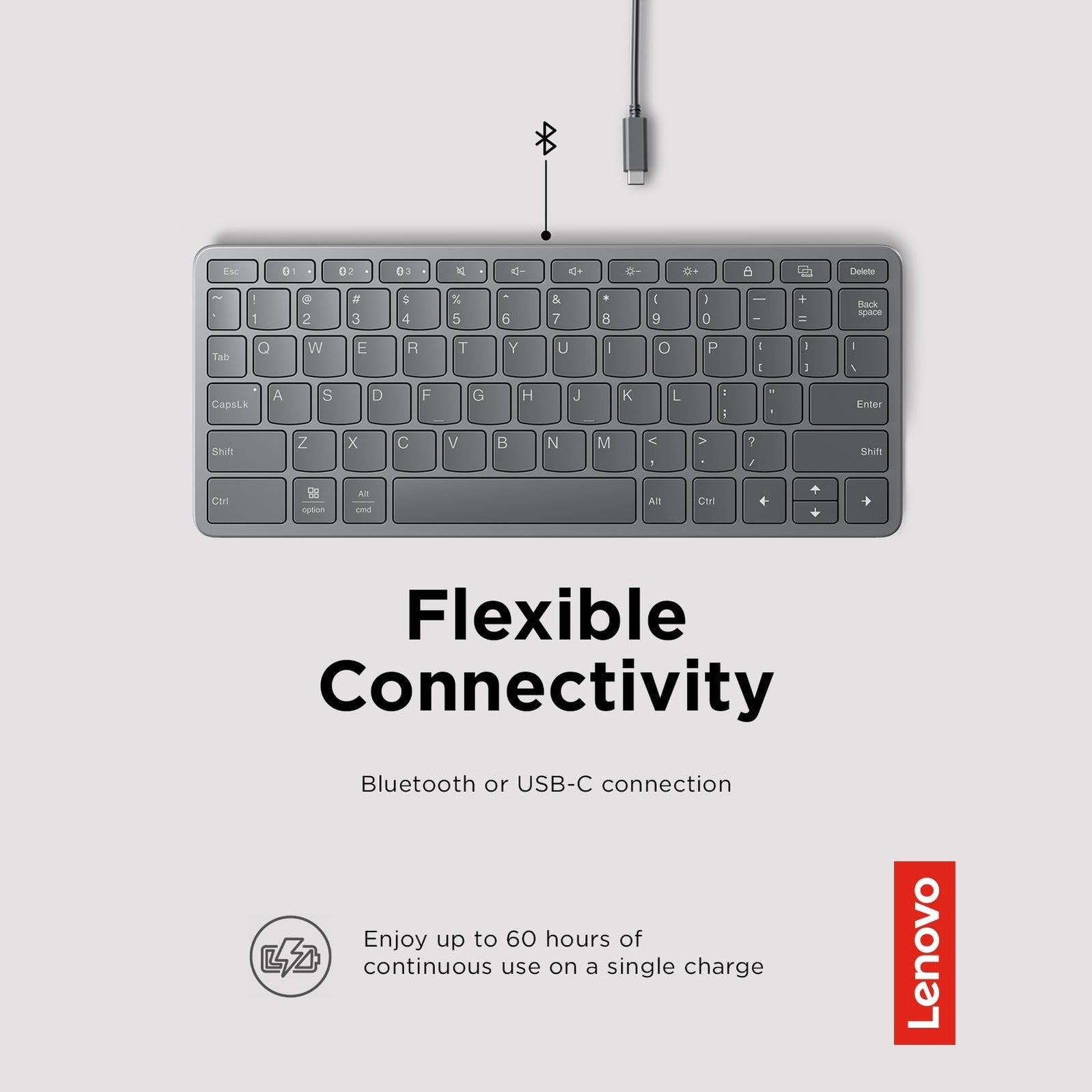 Lenovo Multi-Device Wireless Bluetooth Keyboard, Connect Up to 3 Devices Simultaneously, Compatible with iOS, Android, Windows, Slim Profile, Rechargeable, 60-Hour Battery Life, Iron Grey - Medaid International