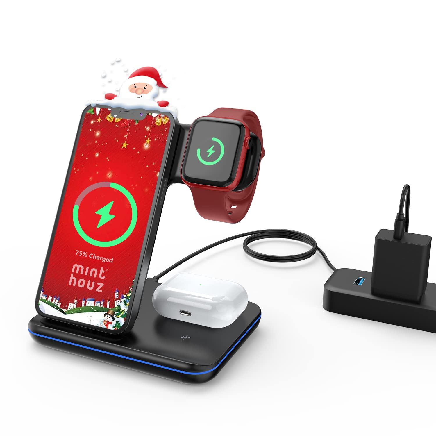 Minthouz 3 in 1 Wireless Charger, 18W Fast Wireless Charging Station for Multiple Devices Apple Watch, AirPods, Charger Stand Compatible with iPhone 15/14/13/12 Series - Black (with Adapter) - Medaid International