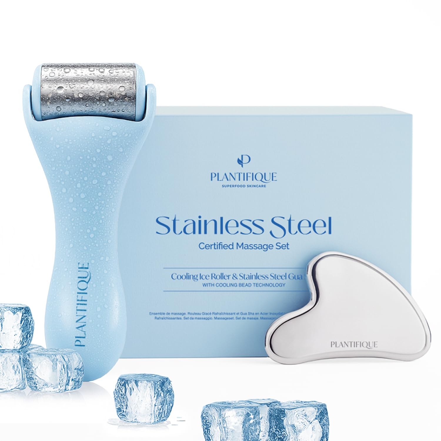 PLANTIFIQUE Facial Ice Roller and Stainless Steel Gua Sha Set - Cryotherapy Skin Care Massage Tools - Metal Massager Set for Puffy Face, Under Eyes and Body - Medaid International