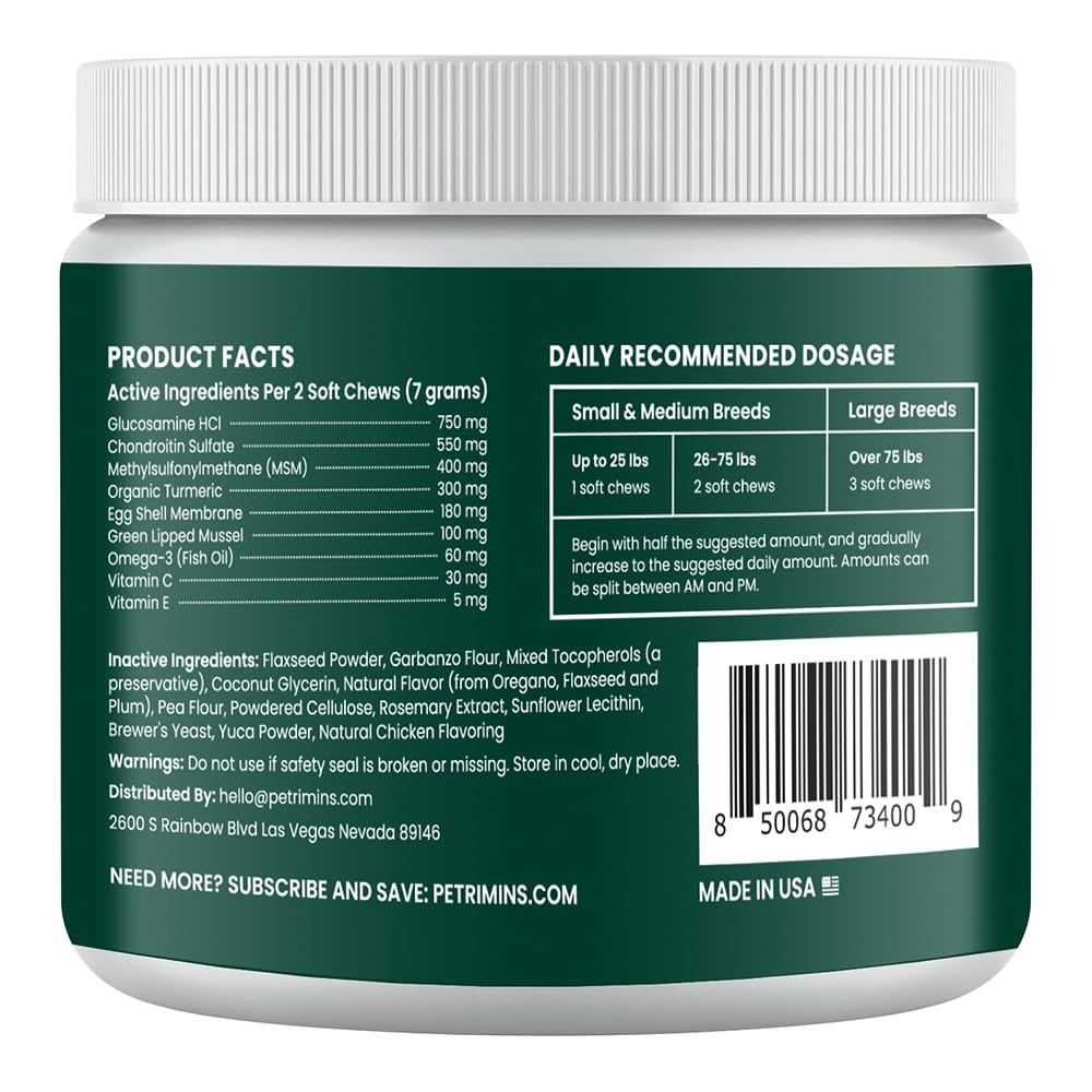 PetriMins Advanced Hip & Joint Supplement for Dogs with Glucosamine and Chondroitin, for Dogs Glucosamine, Organic Turmeric, Egg Shell Membrane, Green Lipped Mussel, 90-Count, Chicken
