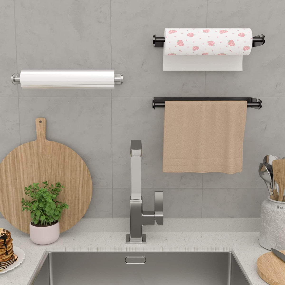TERRIFI Paper Towel Holder Under Cabinet for Kitchen, Wall Mount Paper Towel Holder Self-Adhesive or Drilling, Paper Roll Holder Paper Towel Rack for Kitchen, Bathroom, Pantry, Sink, Black