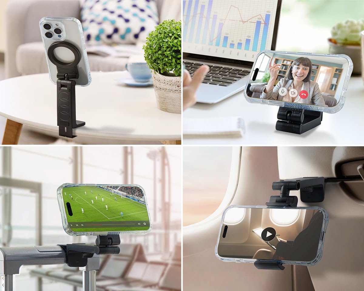 Golifyne Magnetic Airplane Phone Holder Mount, Hands-Free Travel Essential Compatible with iPhone MagSafe, Bonus Adhesive Metal Ring for Android and Non-Magnetic Devices, Black - Medaid International