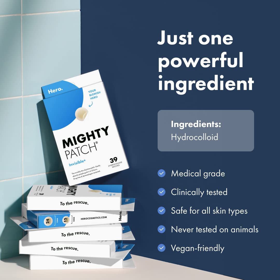 Mighty Patch™ Invisible+ Patch - Daytime Hydrocolloid Acne Pimple Patches for Covering Zits and Blemishes, Ultra Thin Spot Stickers for Face and Skin (24 Medium and 15 Small Patches) - Medaid International