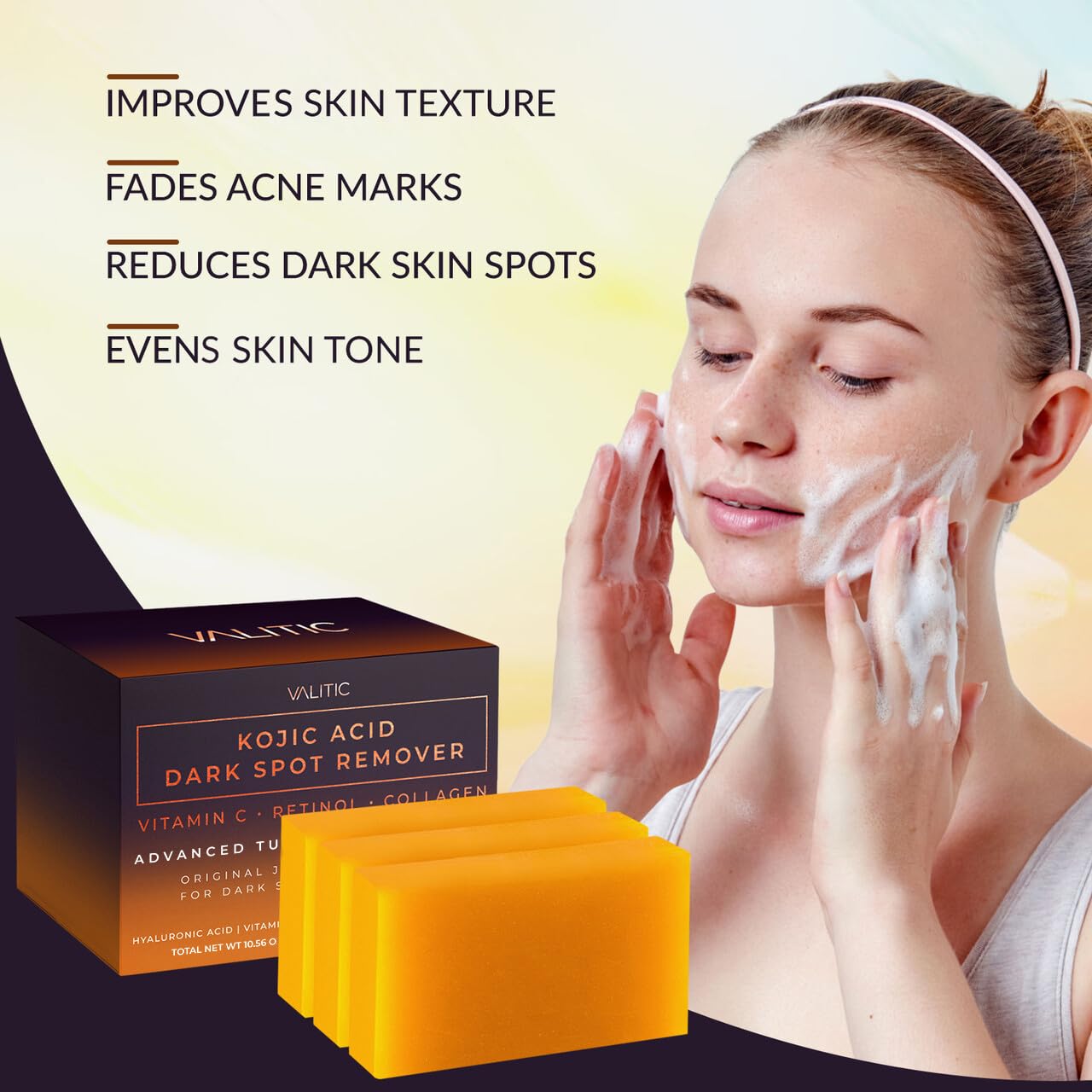 VALITIC Kojic Acid Dark Spot Remover Soap Bars with Vitamin C, Retinol, Collagen, Turmeric - Original Japanese Complex Infused with Hyaluronic Acid, Vitamin E, Shea Butter, Castile Olive Oil (3 Pack) - Medaid International