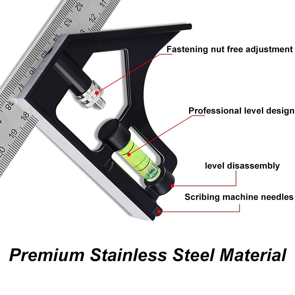 TERRIFI Combination Square 12Inch/300mm, Engineers Set Square, Stainless Steel Angle Ruler, Adjustable Carpentry Square 45/90 Degree with Bubble Level, Measuring Tool for Engineer Carpenter