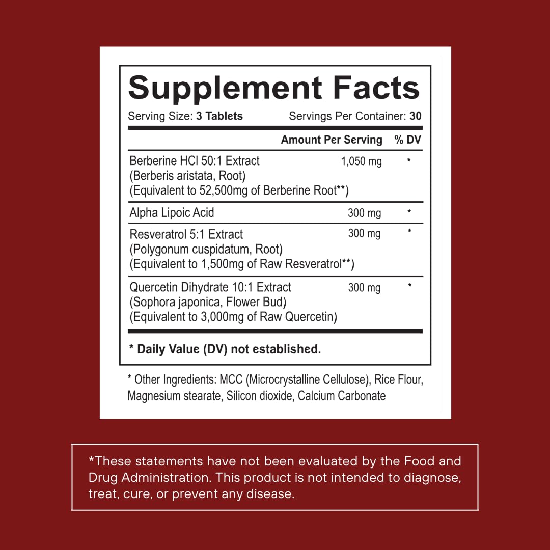 Premium Berberine Supplement with Resveratrol Quercetin Alpha Lipoic Acid - 50:1 Berberine HCl Complex Potent Antioxidants, Polyphenols, Vitality Boost - 90 Vegan Tablets, Non-GMO, Gluten-Free - Medaid International