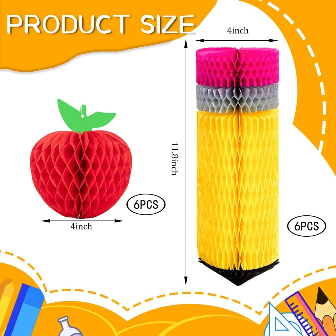 TERRIFI 16Pcs Back to School Classroom Decorations – Pencil & Apple Shaped Hanging Honeycomb Ornaments for Teacher Appreciation Week, First Day of School, Nursery, Primary