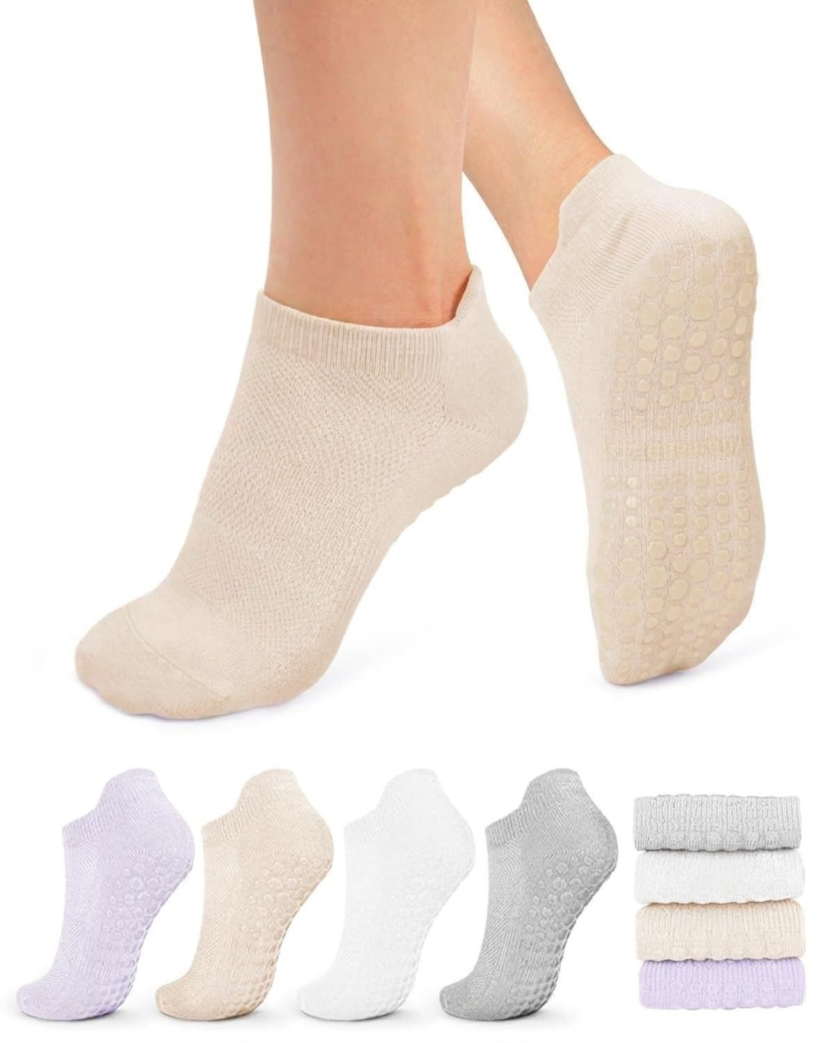 Non Slip Pilates Socks, 4 Pairs, Cotton Blend, Sizes 35-42