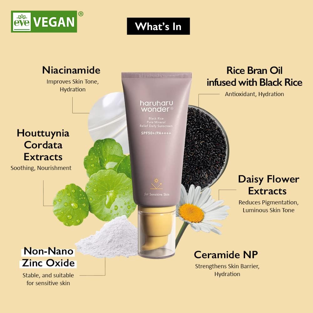 Haruharu Wonder Black Rice Pure Mineral Relief Daily Sunscreen, SPF50+/PA++++, Broad Spectrum UVA/UVB, Octinoxate & Oxybenzone Free, Hyaluronic Acid, Niacinamide (50ml / 1.69fl.oz) - Medaid International