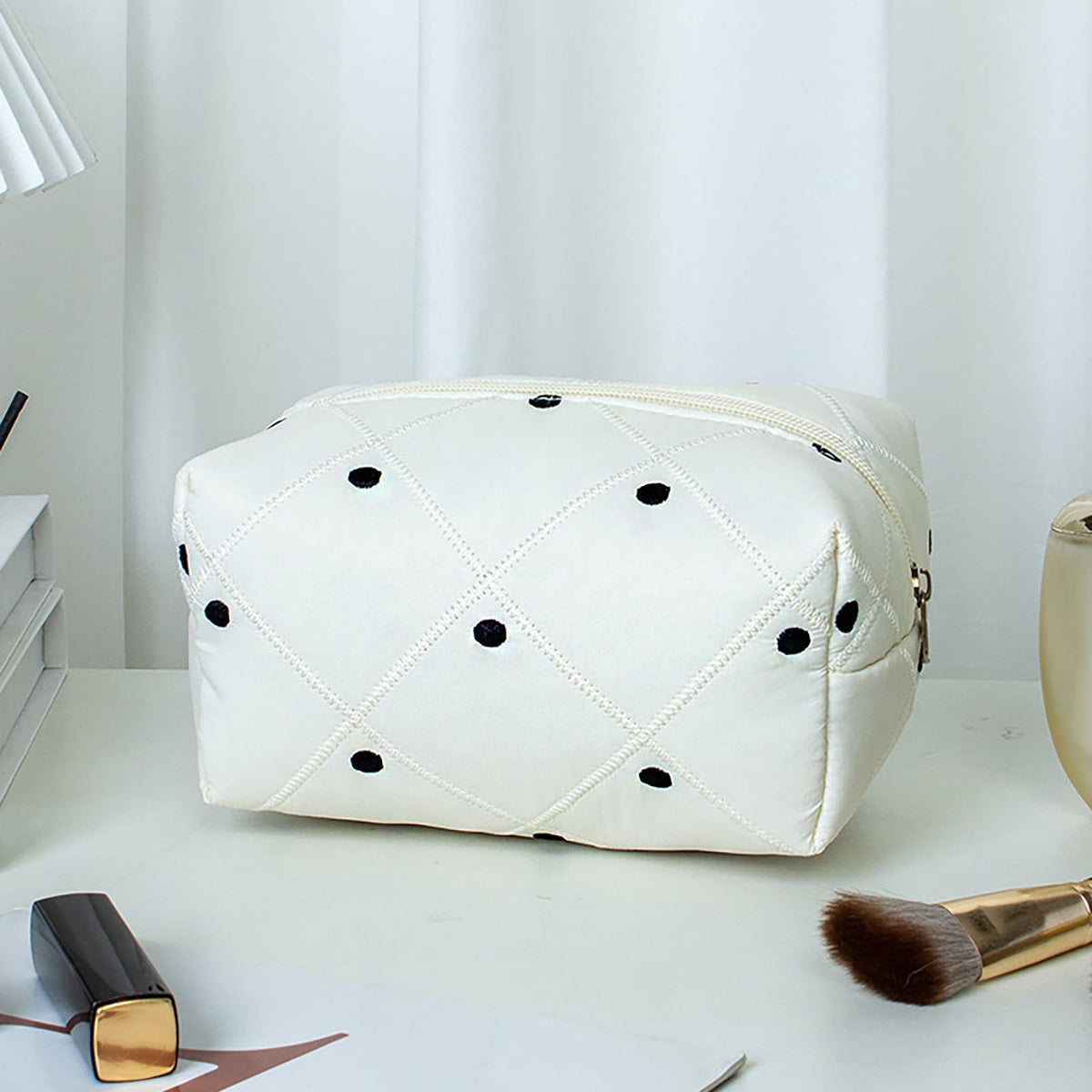 TERRIFI Quilted Makeup Bag, Black Dots Cotton Cosmetic Organizer Pouch for Women & Girls, Canvas Lined Travel Storage Bag (Small Szie)