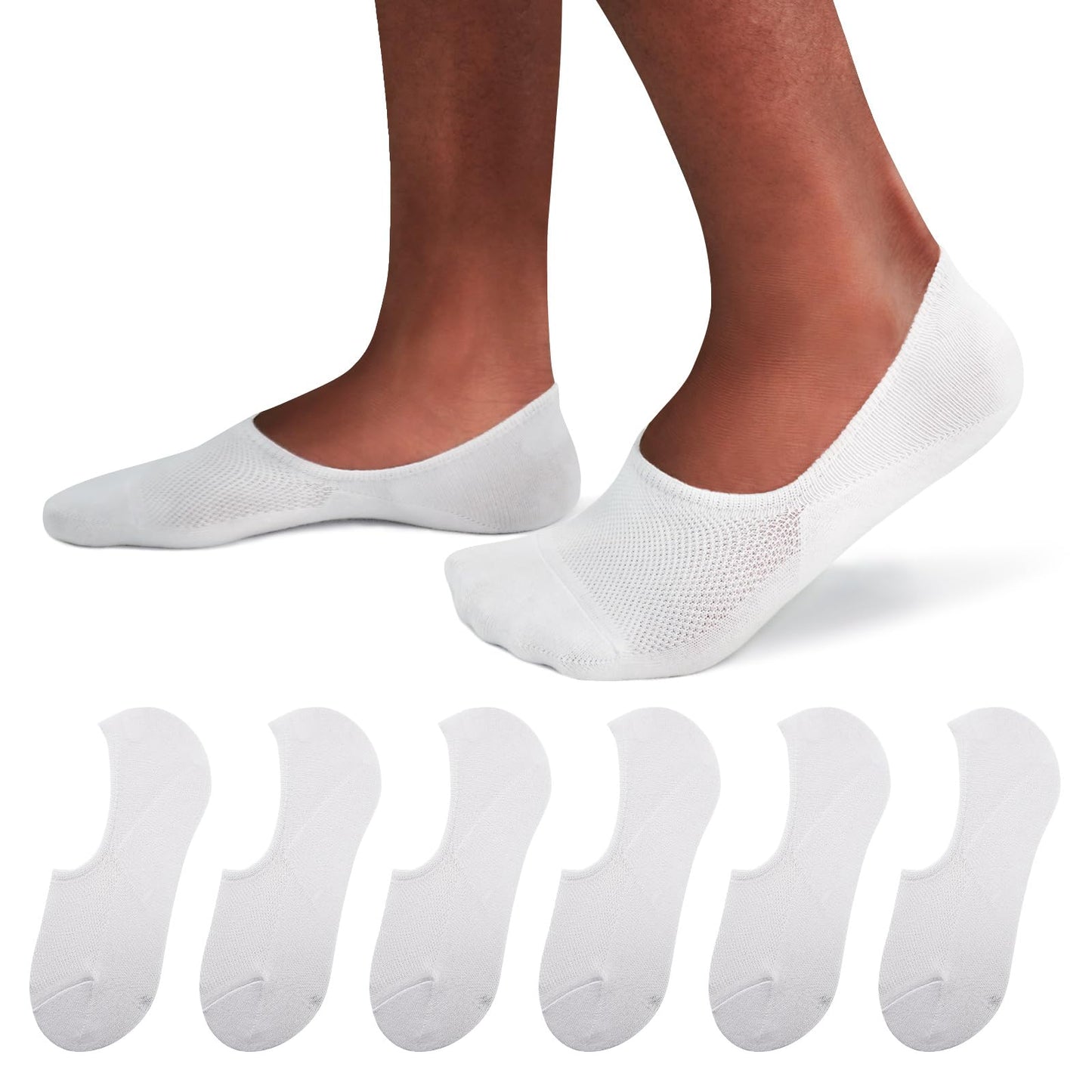 SIXDAYSOX 6 Pairs White No Show Socks Men 10-13 Low Cut Invisible Cotton Non Slip Socks for Loafers, Sneakers, Flats - Medaid International