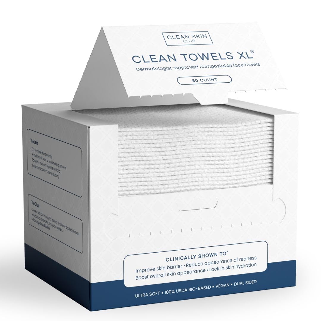 Clean Skin Club Clean Towels XL®, 100% USDA Biobased Face Towel, Disposable Face Towelette, Eczema Association Accepted, Makeup Remover Dry Wipes, Ultra Soft, 1 Pack, 50 Ct - Medaid International