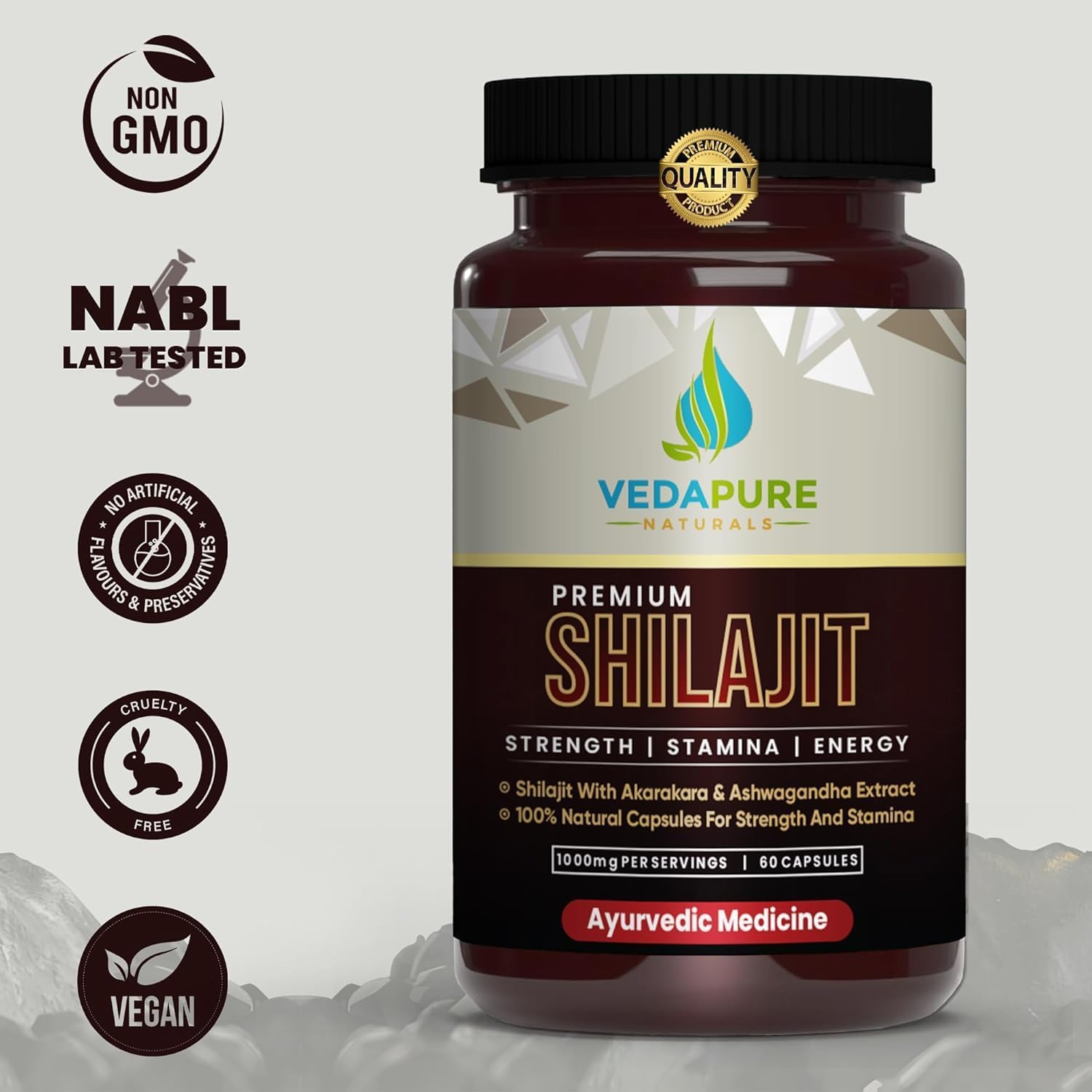 Vedapure Natural Shilajit/Shilajeet with Safed Musli & Ashwagandha Extracts - 1000mg 60 Capsules - Medaid International