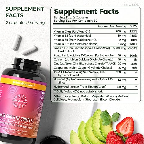 Primal Harvest Hair Growth Vitamins, Hair Growth for Women & Men - 60 Hair Growth Pills, Natural Hair Thickening Products for w/Biotin & Zinc - Hair Supplement, Regrowth Hair Vitamins - Medaid International