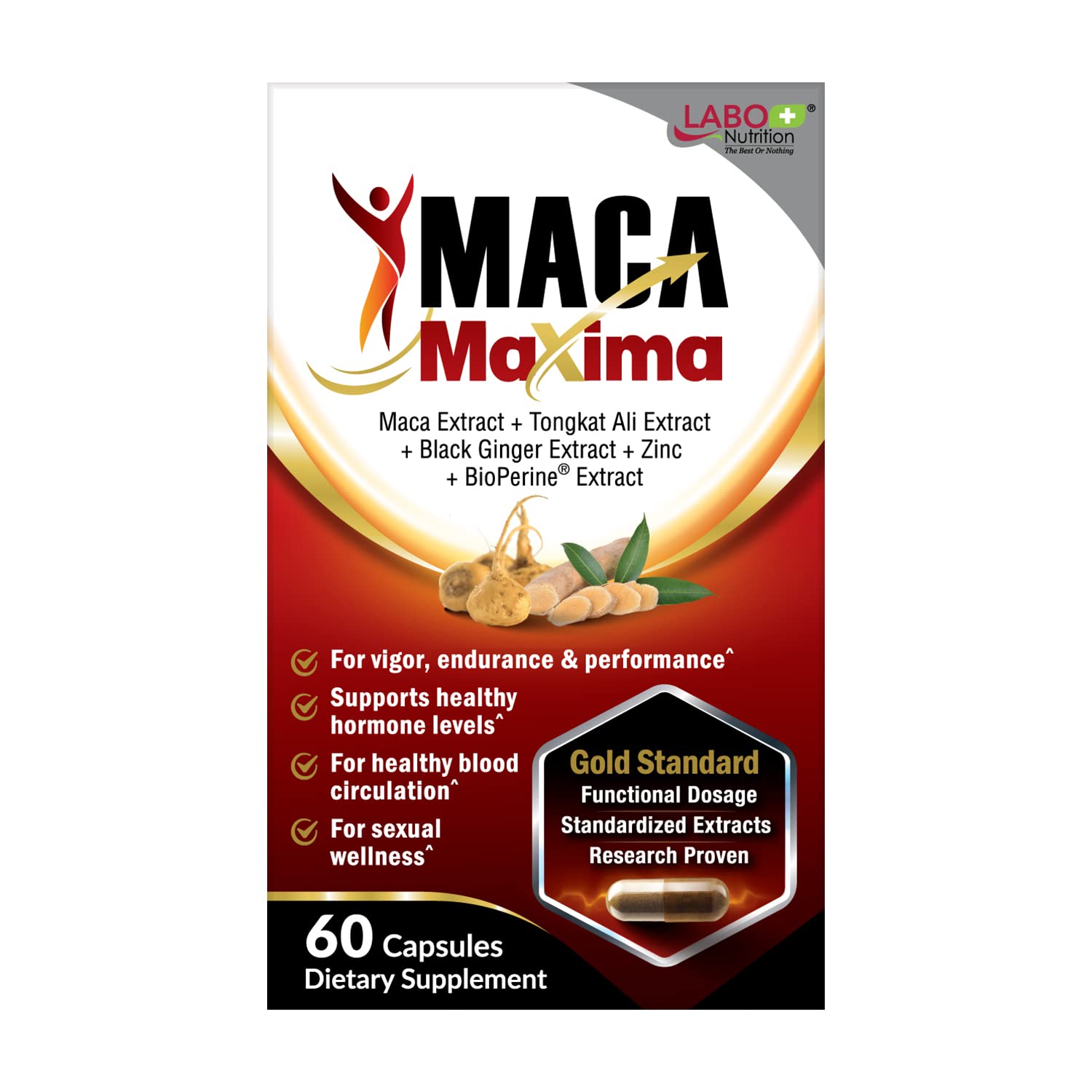 LABO Nutrition MacaMaxima Peruvian Maca Root, Tongkat Ali, Black Ginger, Zinc and Black Pepper Extract Supplement for Men and Women, Supports Reproductive Health, Energy, Stamina- Non-GMO, Vegan Pills - Medaid International