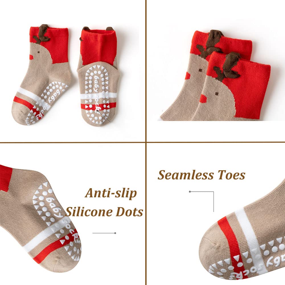 WATOCHE Kids Christmas Socks Toddler Nonslip Grip Christmas Xmas Socks for Baby Holiday Winter Warm for Boys/Girls(Nonslip Elk Set,3-5T) - Medaid International