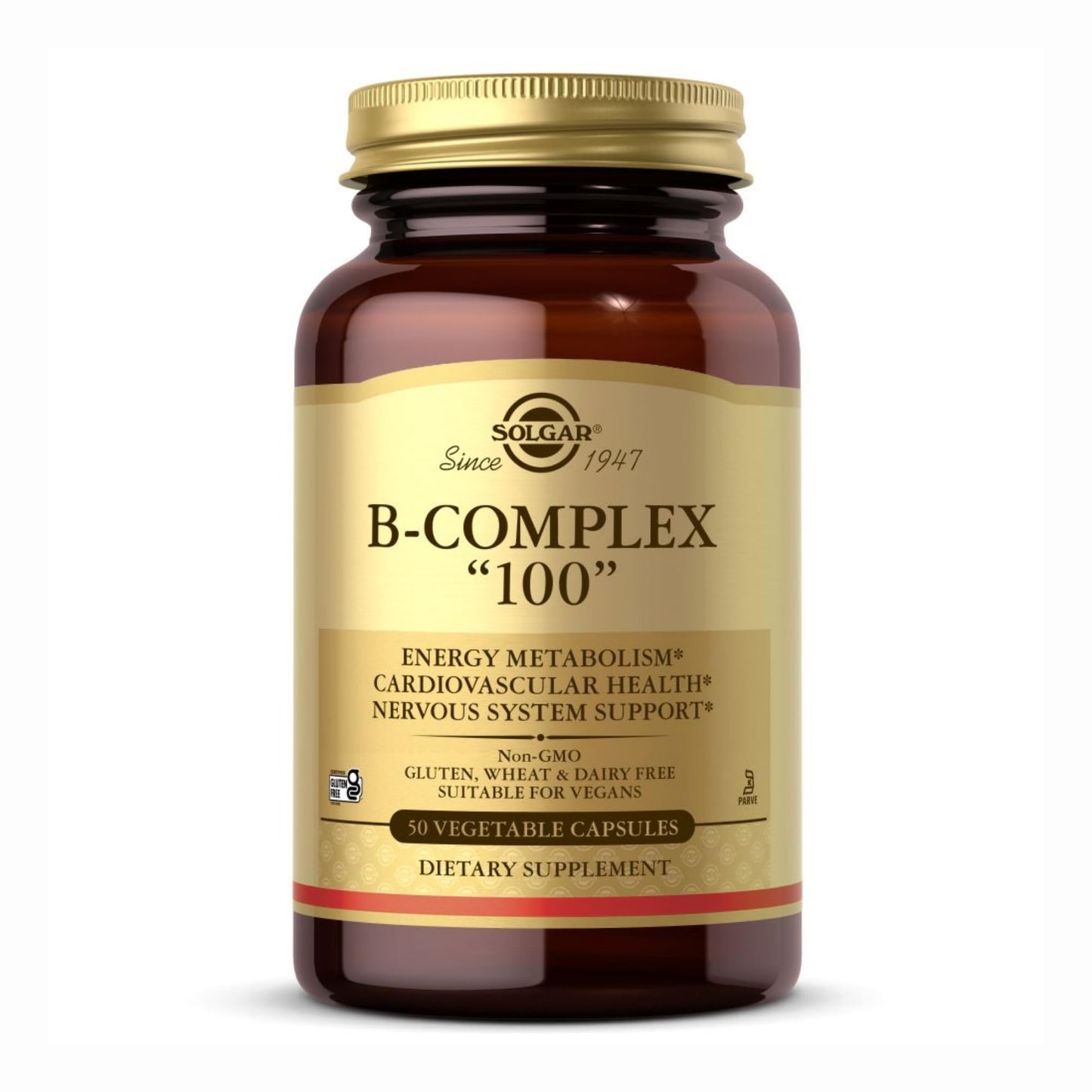 Solgar B-Complex "100", 50 Vegetable Capsules - Nervous System Support - Supports Energy Metabolism - Non-GMO, Vegan, Gluten Free, Dairy Free, Kosher - 50 Servings - Medaid International