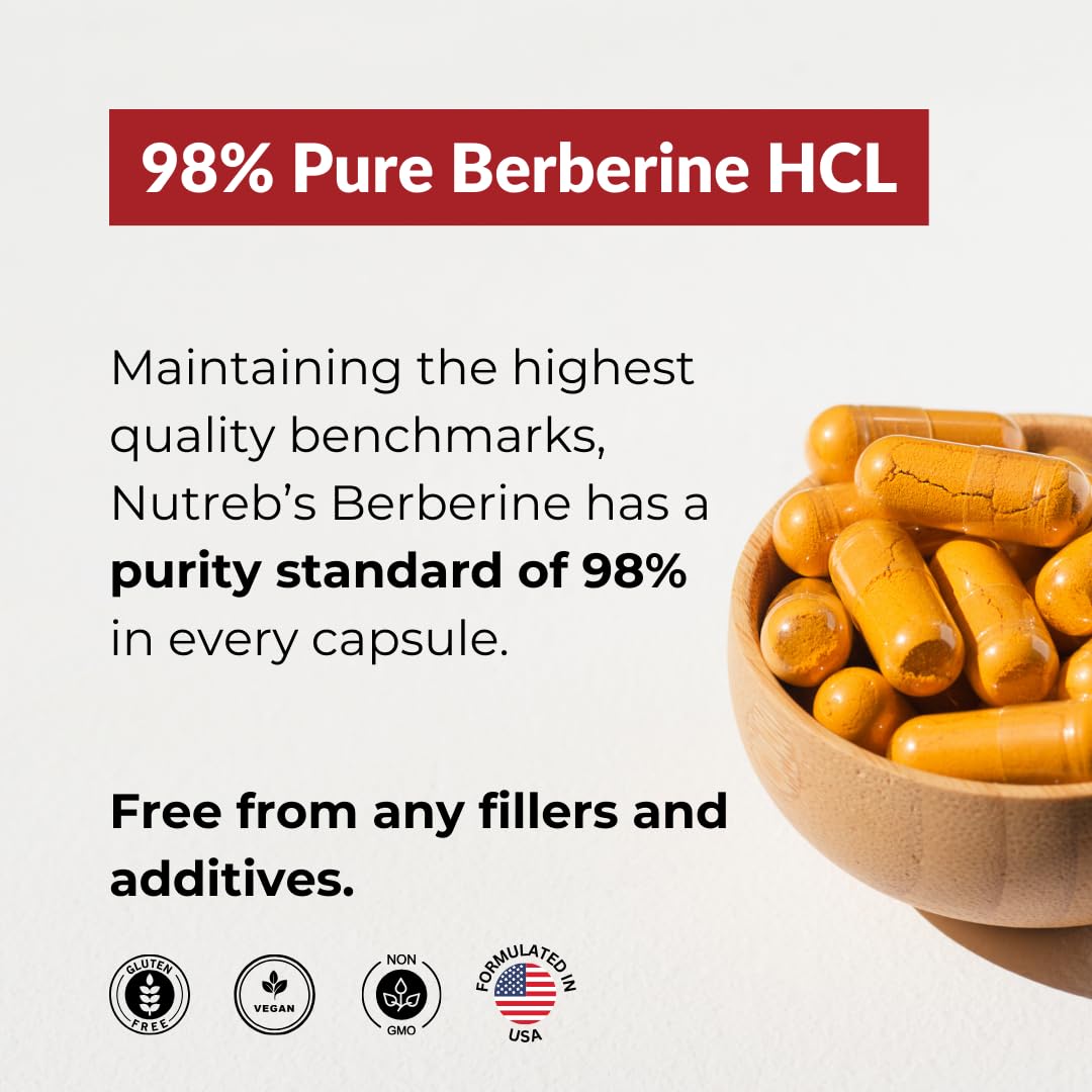 Nutreb Berberine Supplement 1200mg - 5X Higher Absorption - Ultra Pure 98% Berberine HCL - Healthy Weight Management, Immune Support - Non GMO, Manufactured in USA - 60 Vegan Capsules - Medaid International