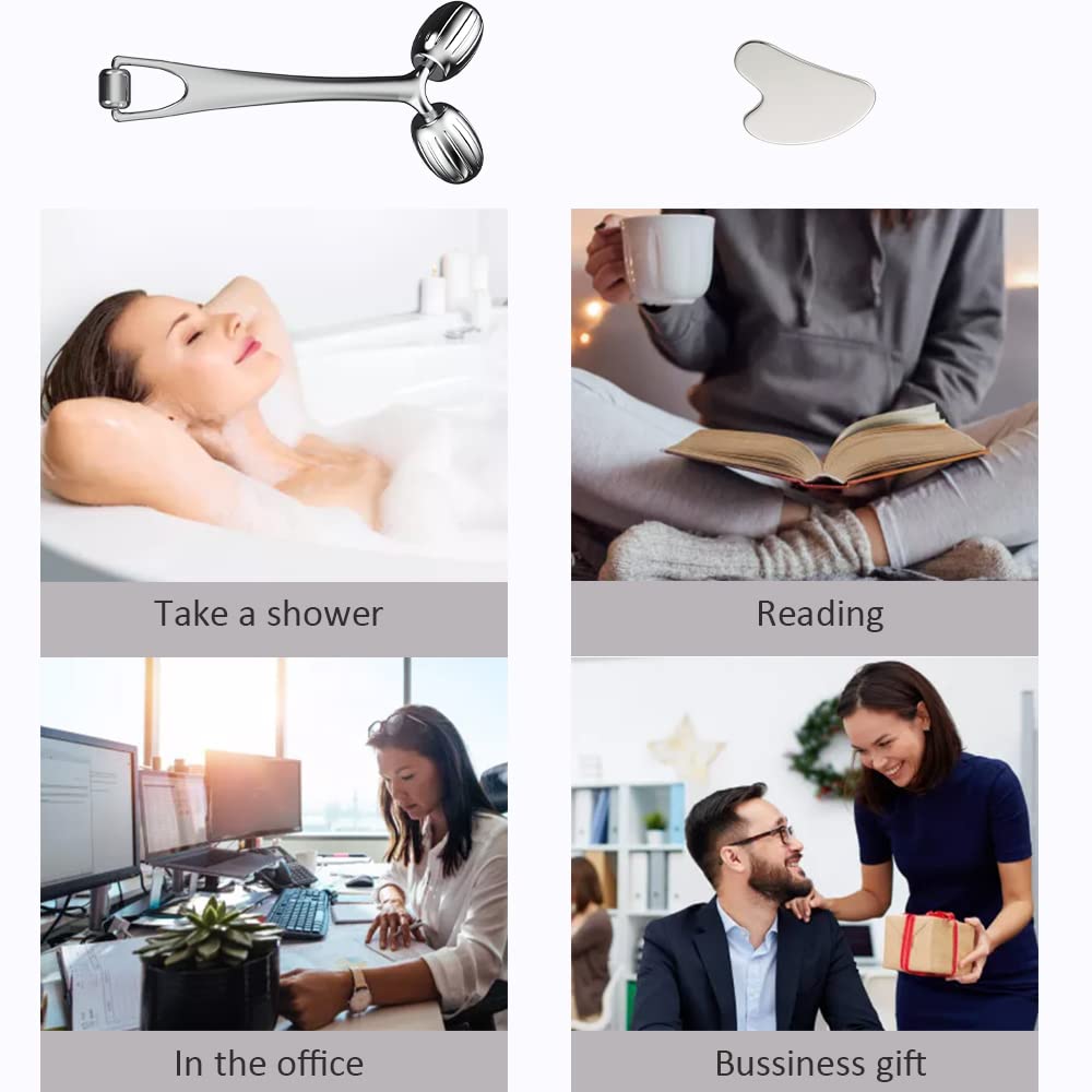 Yeamon Gua Sha Facial Tools and Face Roller Set, Facial Massage Tool for Women’s Skincare Routine,Cooling Stainless Steel Face Sculpting Eyes Roller Guasha for Daily Use or Self-Care Gift for Women - Medaid International