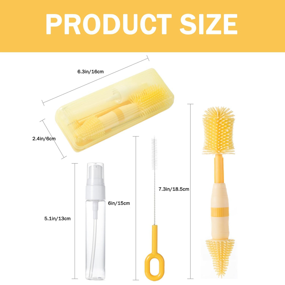 6-in-1 Baby Bottle Cleaning Kit, Portable Travel Bottle Brush Set with Nipple Brush, Straw Brush, Soap Dispenser, Drying Rack & Storage Box, BPA-Free, Compact Infant Feeding Essentials (Yellow)