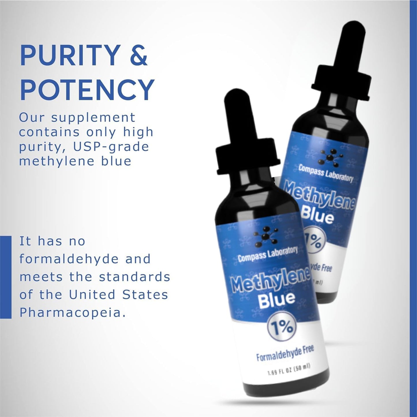 COMPASS LABORATORY Methylene Blue Pharmaceutical Grade, USP Grade, Third-Party Tested Dietary Supplement for Humans, No Formaldehyde, Made in USA (1% 50ml Bottle) - Medaid International
