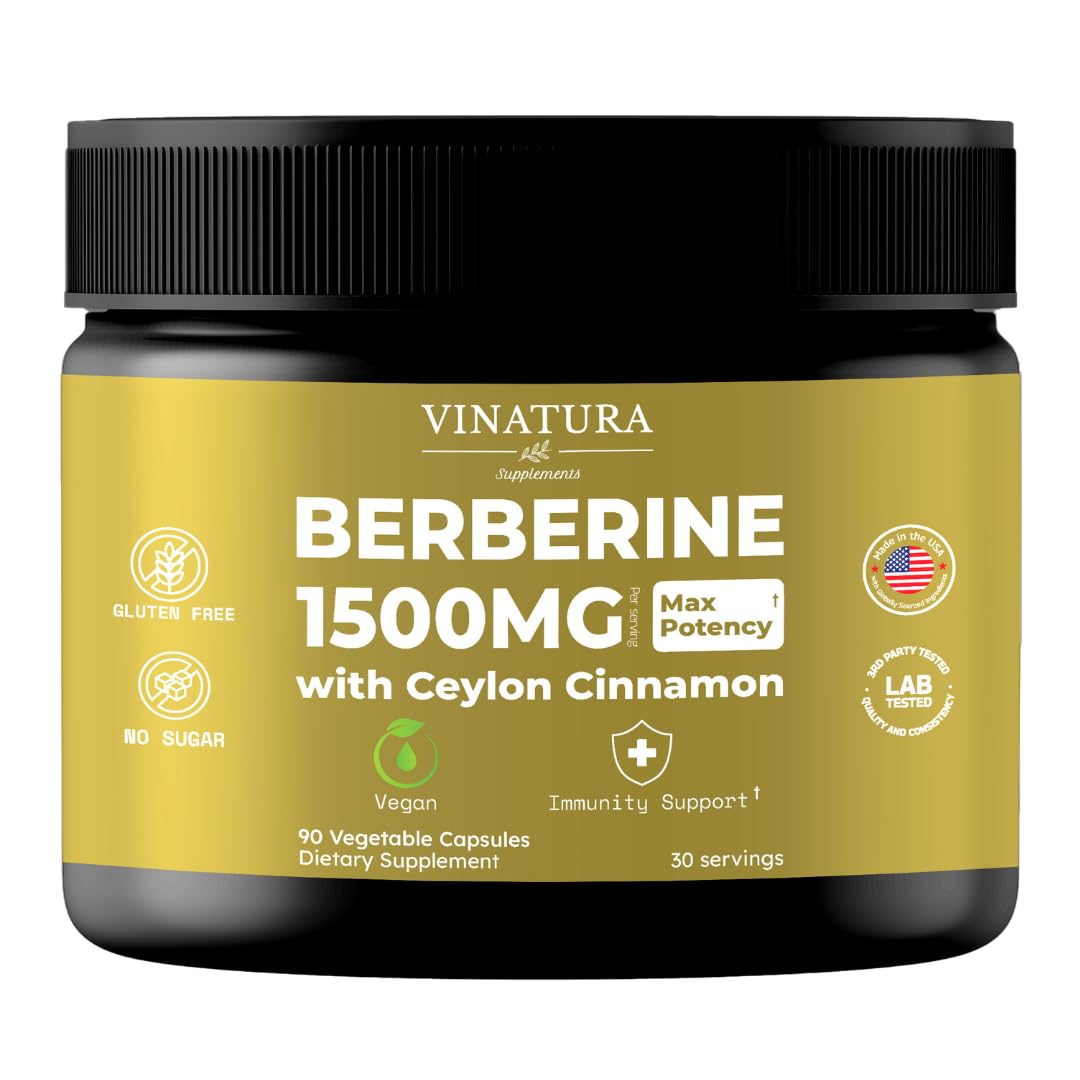 VINATURA Berberine 1500mg - Berberine Supplement with Ceylon Cinnamon, Max Potency Berberine HCL - 90 Capsules - Medaid International
