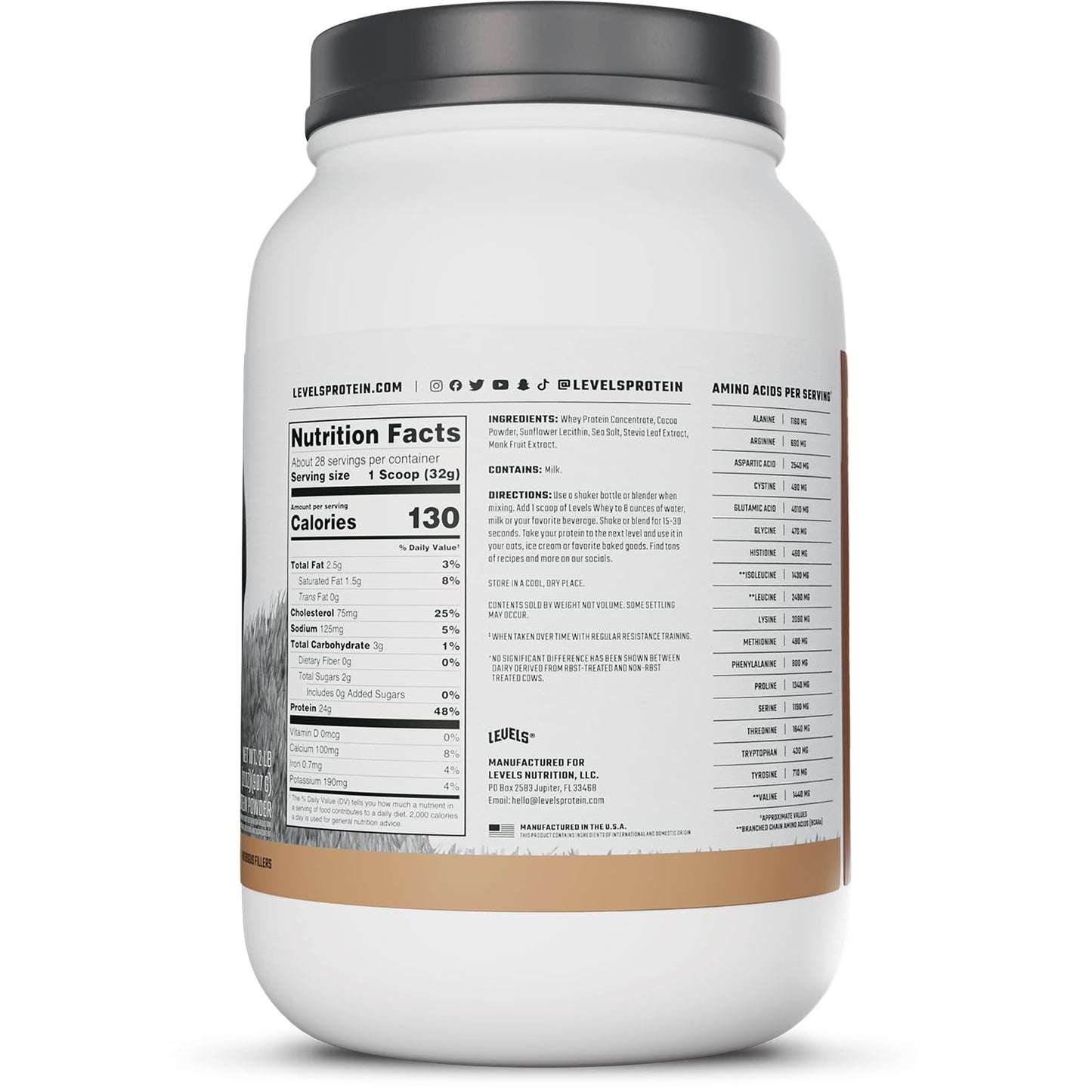 Levels Grass Fed Whey Protein Powder, No Artificials, 24G of Protein, Pure Chocolate, 2LB - Medaid International