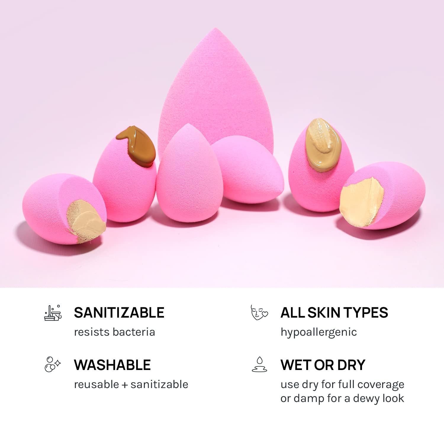 AOA STUDIO Collection MiNi Makeup Sponge Set Blender Latex Free and High-definition of 6 For Powder Cream Liquid, Super Soft Wonder Beauty Cosmetic 3 Tear Drop + Beveled Shape (Pink) - Medaid International