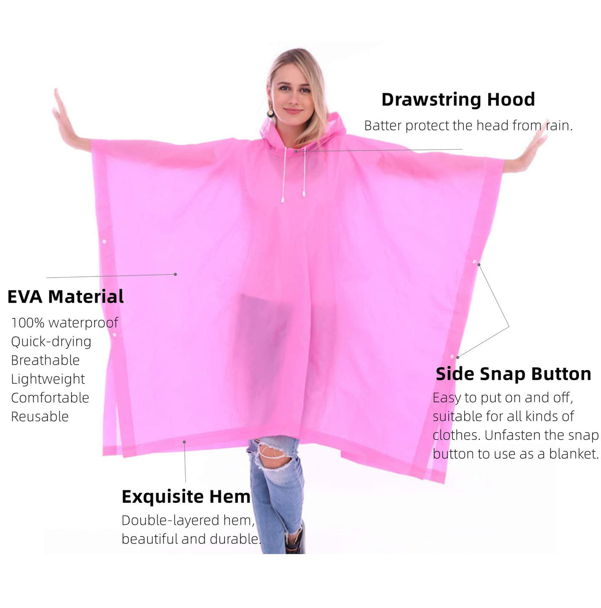 KASTWAVE Portable EVA Raincoats for Adults, Reusable Rain Ponchos with Hoods and Sleeves Lightweight Raincoats for Lightweight for Adults, Emergency, Camping, Men, Women(2 Pack) (Pink)