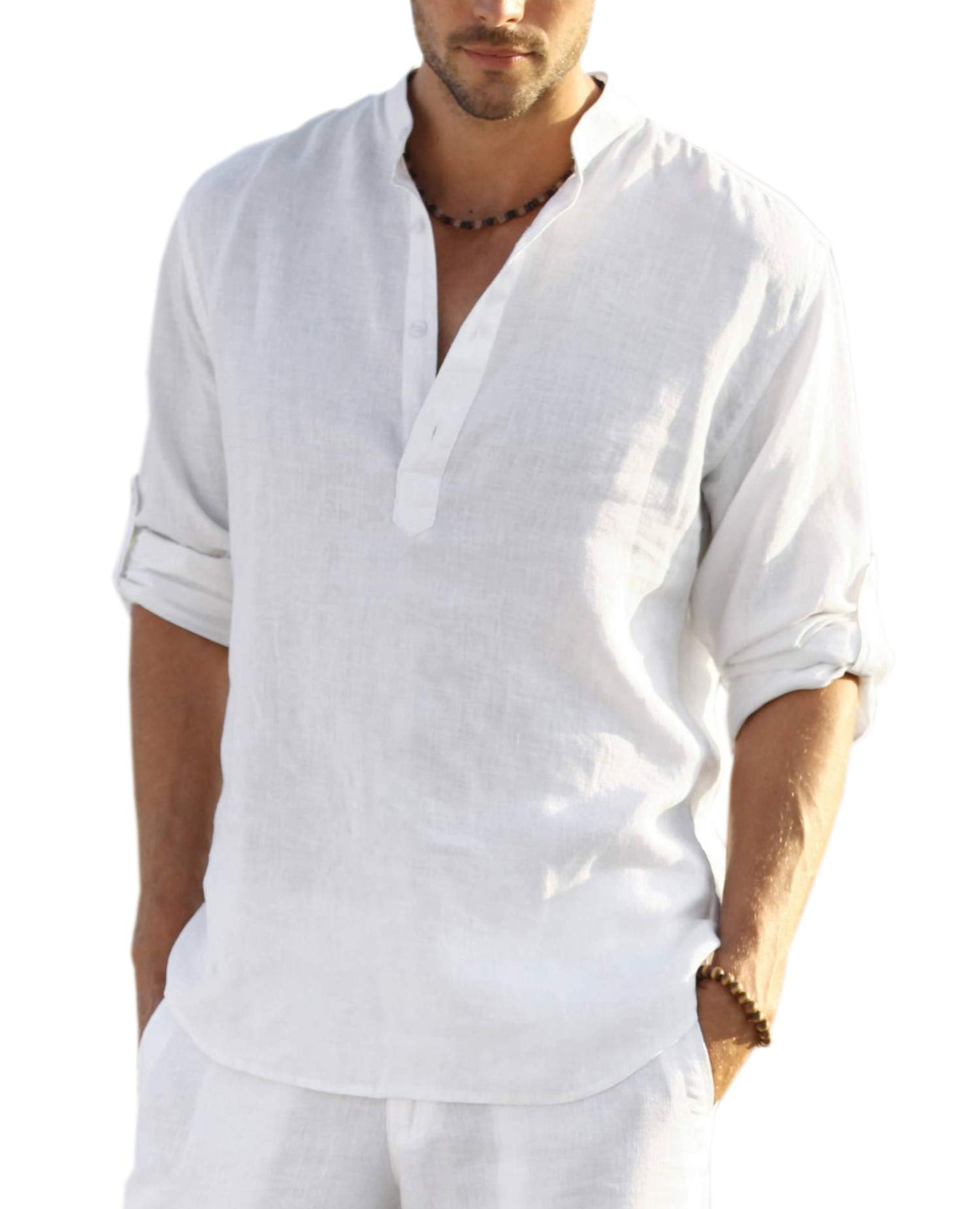 COOFANDY Men's Cotton Linen Henley T-Shirt Long Sleeve Hippie Casual Beach Tops - Medaid International