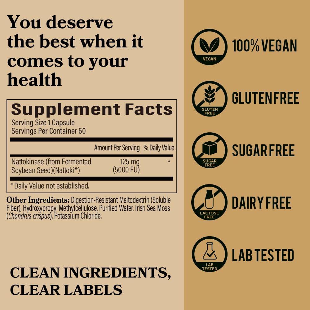 DAIKEN Nattokinase 5,000 FU, High Potency Nattokinase Supplement, Non-GMO & Vegan, Lab Tested, 60 Capsules (Pack of 2) - Medaid International