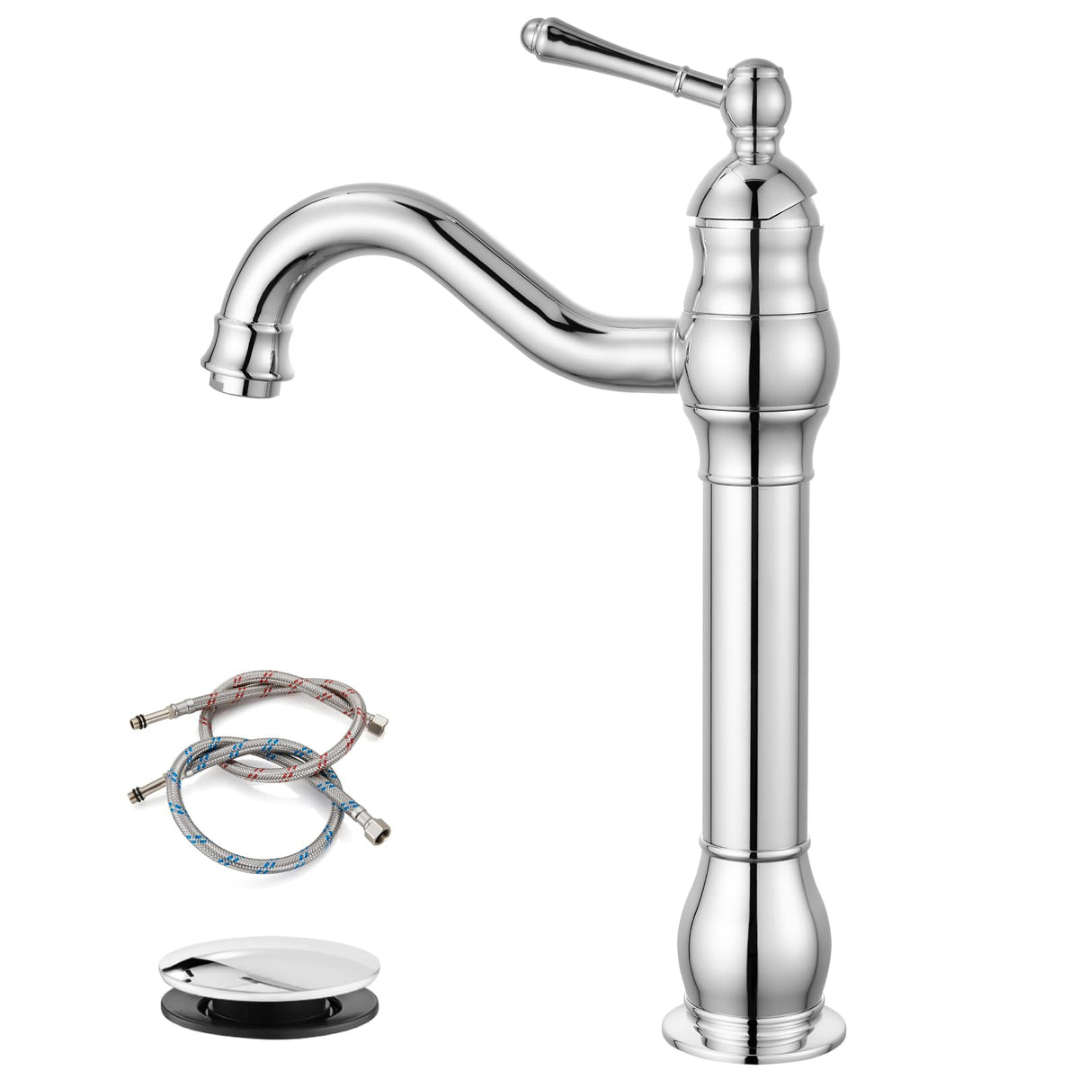 gotonovo Bathroom Vessel Sink Faucet Polish Chrome Single Handle Lavatory Vanity Mixer Bar Tap 360° Swivel with Pop Up Drain Tall Spout Single Hole Deck Mount