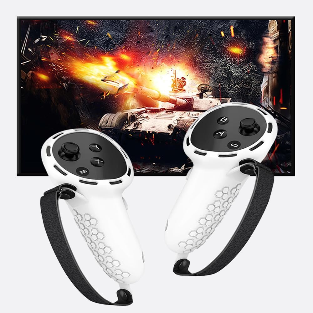 TERRIFI Controller Grips for Oculus Quest 3 - Comfortable Silicone Cover with Controller Hand Straps, 2Pcs Rocker Cap and Joystick Protection, Reserve Precise Hole Positions (White)