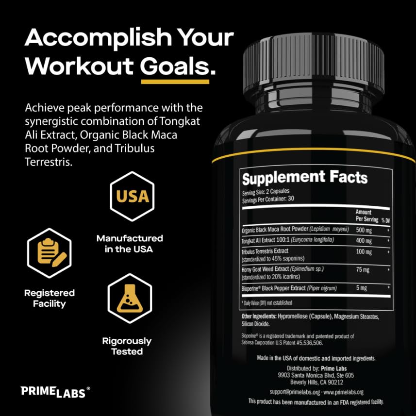 Prime Labs Tongkat Ali for Men - Plus Organic Black Maca Root and Tribulus Terrestris - Performance, Vitality, Energy - 60 Count - Medaid International