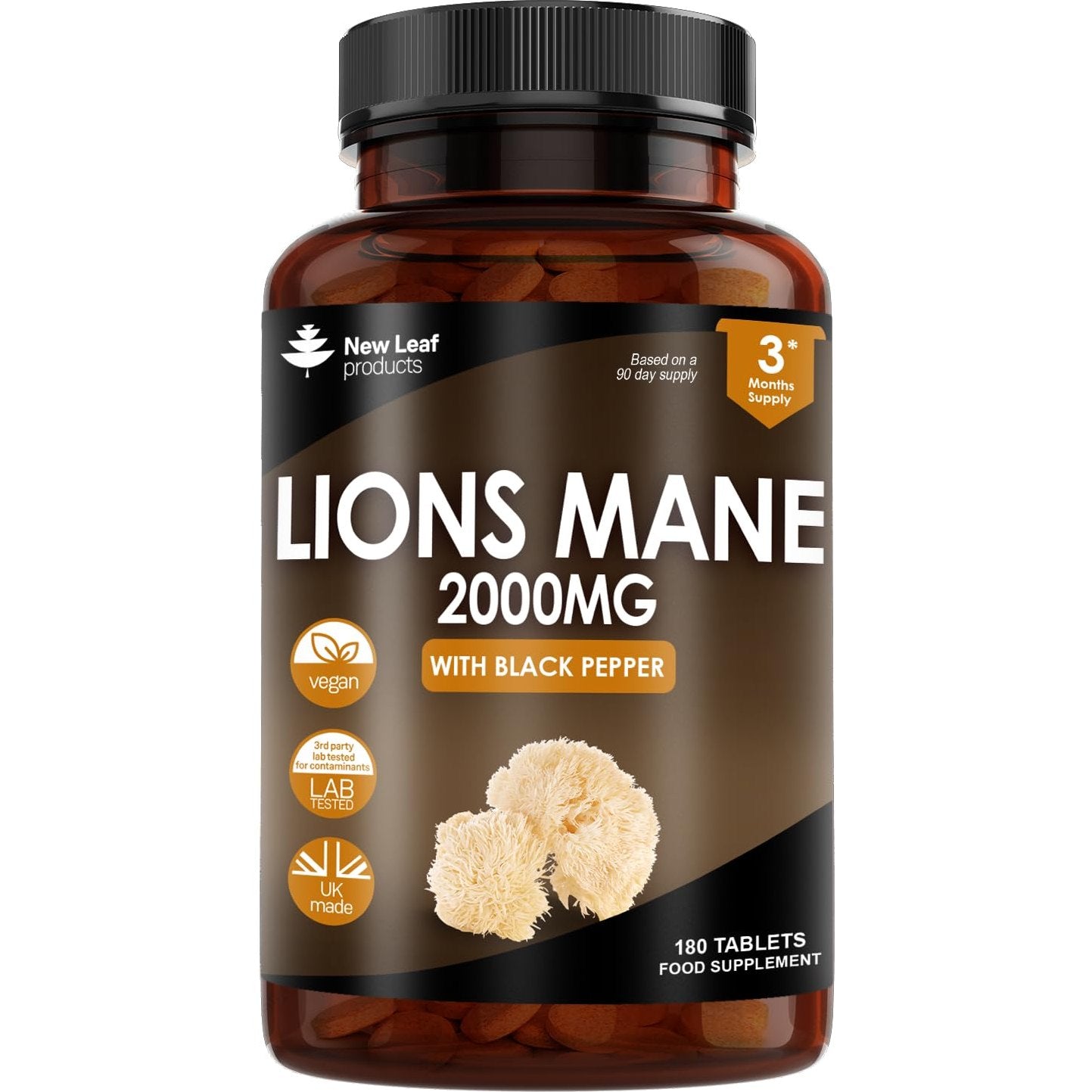 New Leaf Products Lions Mane Mushroom Extract Supplement 2000mg - 180 High Strength Vegan Tablets with Black Pepper - (Not Powder or Capsules) Made in The UK - Medaid International