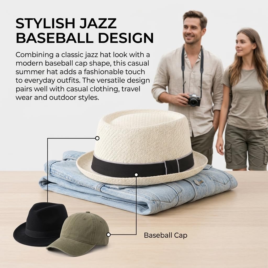 TERRIFI Sun Straw Fedora Hat, Breathable Wide Brim Roll Up Curly Straw Hat Casual Jazz Cap, Lightweight Comfort, Summer Outdoor Travel Beach Hat for Seasonal Wear Everyday Men Women