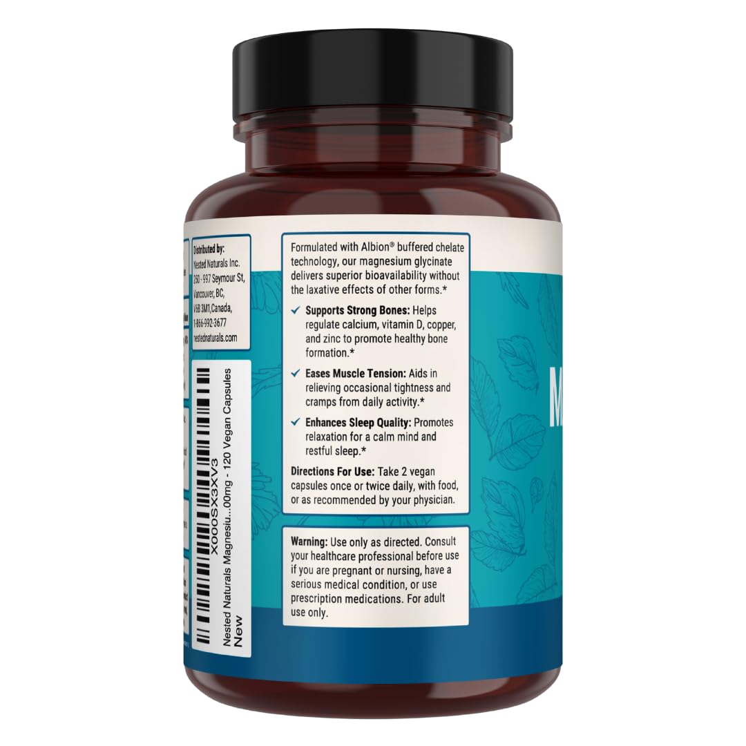 Nested Naturals Magnesium Glycinate Chelate - 200mg Chelated Magnesium Supplement for Muscle Cramps, Relaxation, & Sleep Support - 100% Albion TRACCS Buffered Magnesium Glycinate - 120 Vegan Capsules - Medaid International