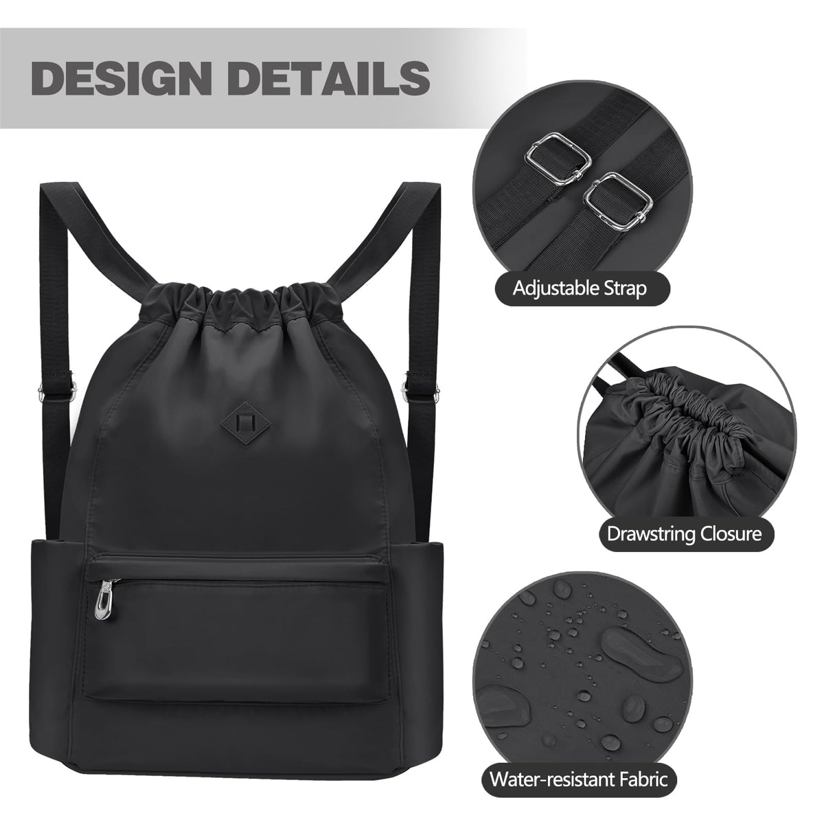 TERRIFI Drawstring Backpack for Gym Sports Travel & Daily Use, Waterproof Cinch Bag with Wet Pocket, Adjustable Pull String Sack for Men Women (Black)