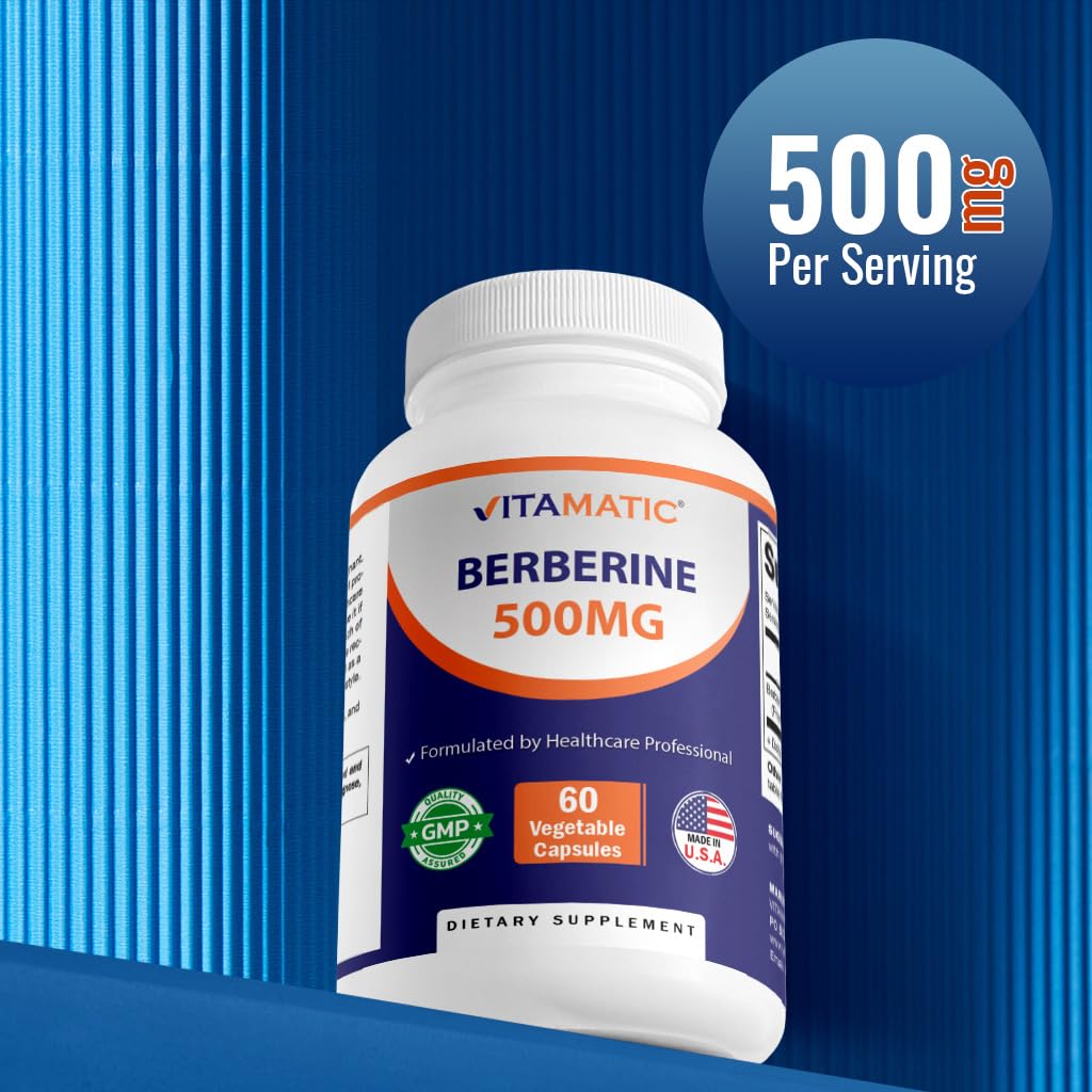 Vitamatic Berberine Supplement 500mg - 60 Vegetable Capsules - Made in The USA - Gluten Free - Non-GMO (1 Bottle) - Medaid International