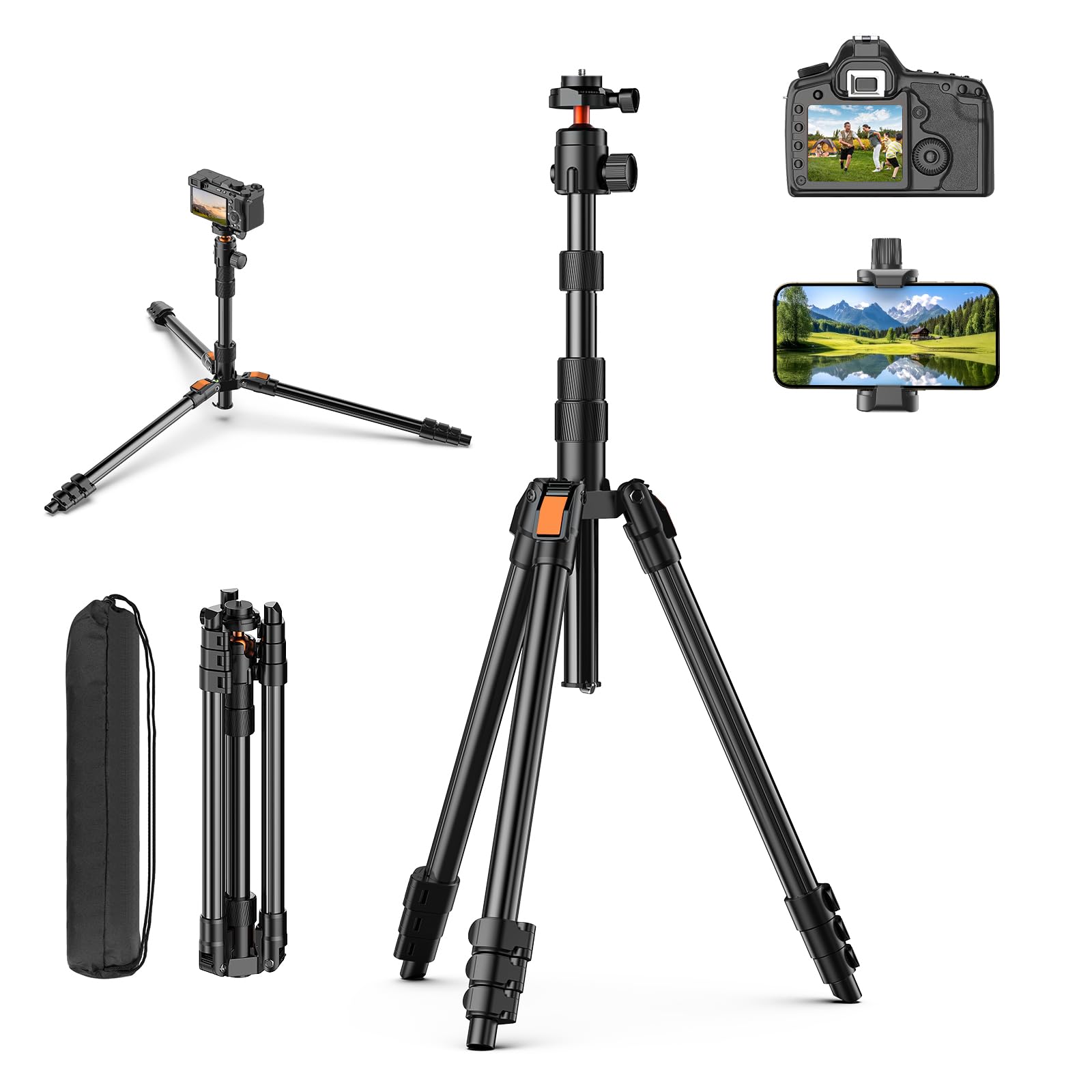 XXZU 71" Camera Tripod, Tripod for Camera Phone with 360°Ball Head and Smartphone Holder, Aluminum DSLR Tripod Stand, Travel for Phone/DSLR/SLR/Projector/Video Recording, Max Load 8kg/17.64lb - Medaid International
