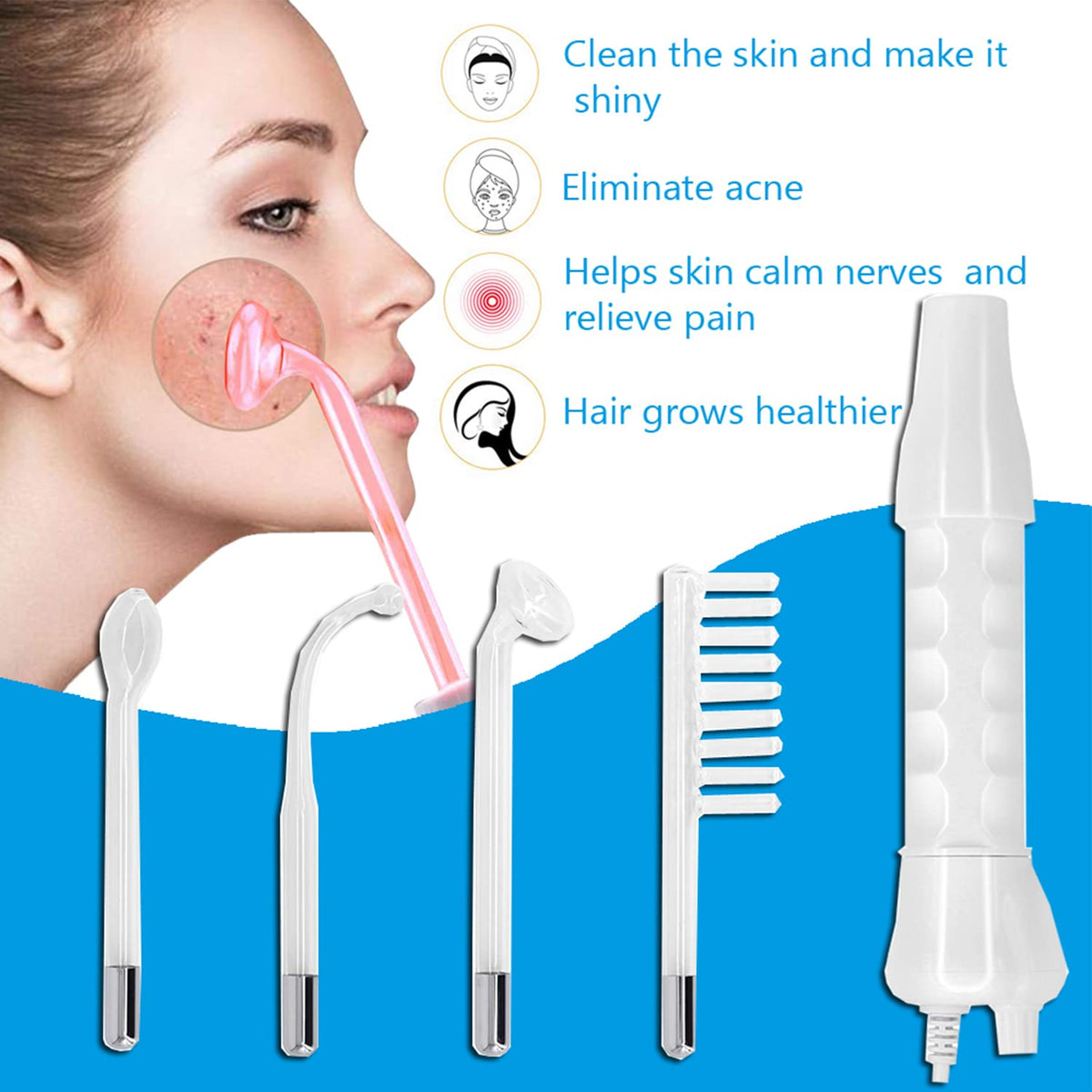 Beauenty Handheld Red Light Electrotherapy High Frequency Facial Machine, 4 in 1 High Frequency Facial Machine, Portable Skin Therapy Machine with 4 Glass Tubes - Handheld High Frequency Wand (Red)
