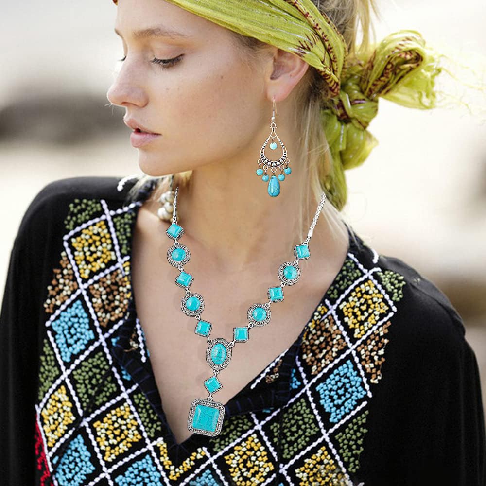 TERRIFI 3-Piece Bohemian Set: Turquoise Pendant Necklace, Vintage Dangle Earrings, Stretchable Bracelet