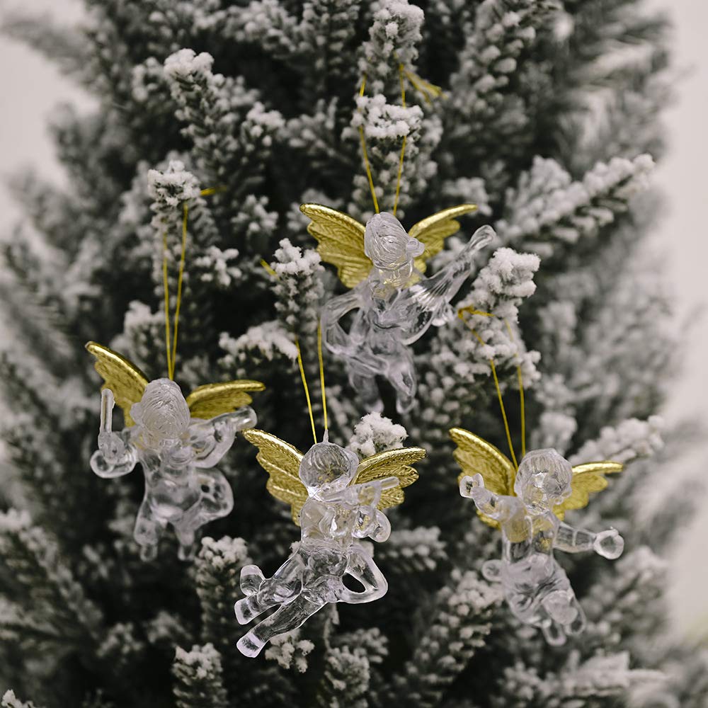 4 PCS Christmas Transparent Angel Hanging Ornament Cute Angels with Gold Wings Xmas Tree Decorative Pendant 7 * 5CM - Medaid International