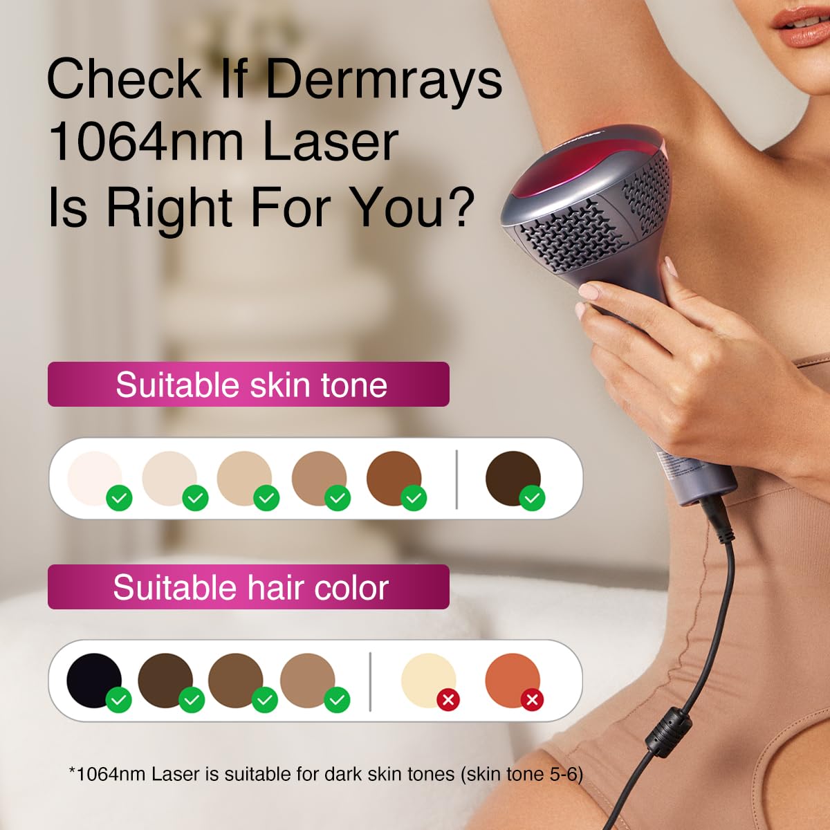 Upgrated Diode Laser Hair Removal for Dark Skin Tones, DermRays 1064nm Laser Hair Removal, Permanent Reduction in Hair Regrowth for Women and Men, V6S Suitable for Deep Skin Tone - Medaid International